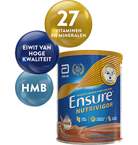 Afbeelding van Ensure Chocolate 850g verpakking met 3 bubbels erboven die de belangrijkste ingrediënten benadrukken: hoogwaardige eiwitten, HMB en 27 vitamines en mineralen