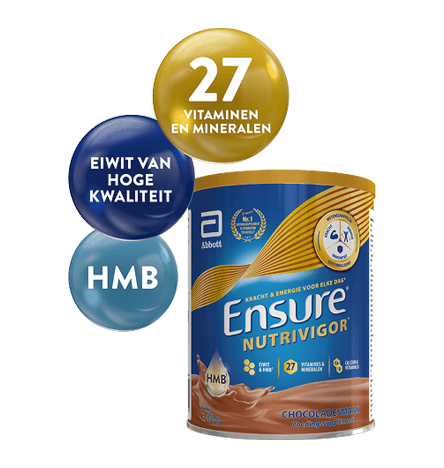 Afbeelding van Ensure Chocolate 850g verpakking met 3 bubbels erboven die de belangrijkste ingrediënten benadrukken: hoogwaardige eiwitten, HMB en 27 vitamines en mineralen