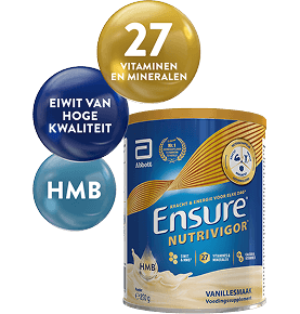 Afbeelding van Ensure Vanilla 850g-verpakking met 3 bubbels erboven die de belangrijkste ingrediënten van hoogwaardige eiwitten, HMB en 27 vitamines en mineralen benadrukken