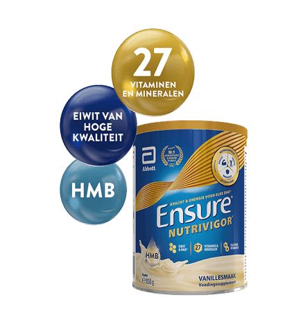 Afbeelding van Ensure Vanilla 850g-verpakking met 3 bubbels erboven die de belangrijkste ingrediënten van hoogwaardige eiwitten, HMB en 27 vitamines en mineralen benadrukken