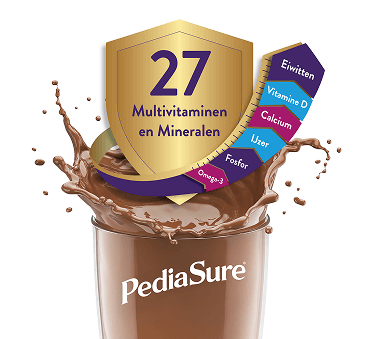 Afbeelding van een glas gevuld met Pediasure-chocolade, met opspattend water en een pijl die uit het glas komt met een opsomming van verschillende vitamines en mineralen, onder een schild dat de totale hoeveelheid van 27 bevat.
