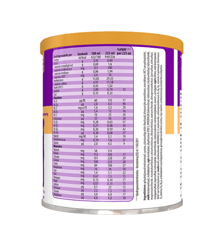 Afbeelding van de achterkant van een verpakking met aardbeien van 400 g Voedingsinformatie en ingrediënten van een PediaSure-blik, met details over energie, vet, koolhydraten, vezels, eiwitten, vitamines, mineralen en andere voedingsstoffen per 100 ml en per 225 ml