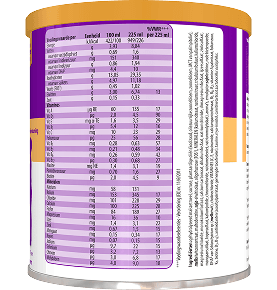 Afbeelding van de achterkant van een verpakking met aardbeien van 400 g Voedingsinformatie en ingrediënten van een PediaSure-blik, met details over energie, vet, koolhydraten, vezels, eiwitten, vitamines, mineralen en andere voedingsstoffen per 100 ml en per 225 ml