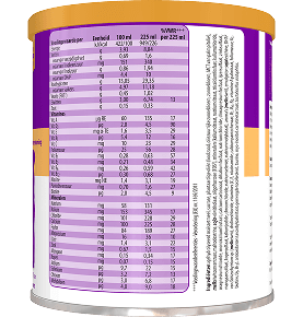 Afbeelding van de achterkant van een vanilleproduct van een verpakking van 400 g Voedingsinformatie en ingrediënten van een PediaSure-blik, met details over energie, vet, koolhydraten, vezels, eiwitten, vitamines, mineralen en andere voedingsstoffen per 100 ml en per 225 ml