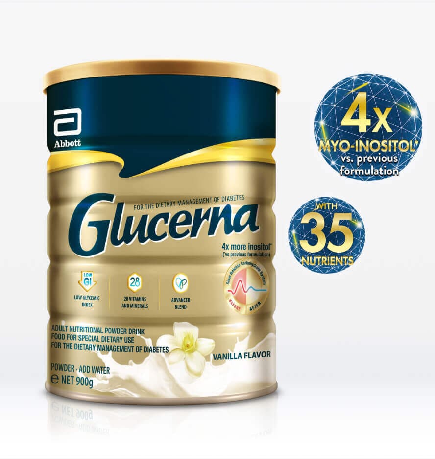 Glucerna can with '4x myo-inositol vs previous formulation' and 'with 35 nutrients' floating claims