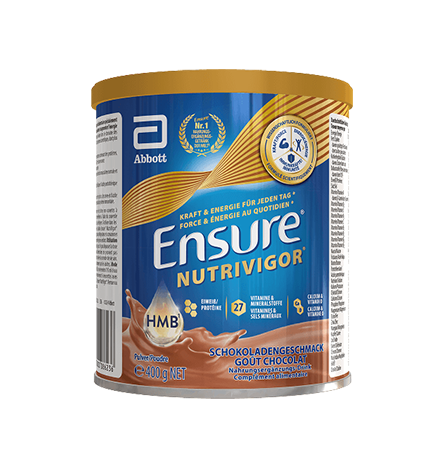 Vue de face du chocolat Ensure 400 g mettant en valeur la force, la vitalité et l'activité ainsi que les ingrédients clés Protéines, HMB et vitamines