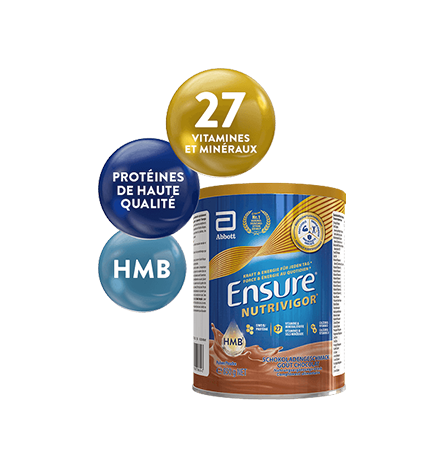 Image de l'emballage Ensure Chocolate 850g avec 3 bulles au-dessus mettant en évidence les ingrédients clés : protéines de haute qualité, HMB et 27 vitamines et minéraux