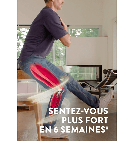 Une jambe est montrée mettant en évidence les muscles du tronc pour montrer la force et la santé musculaire avec la copie Sentez-vous plus fort en 6 semaines