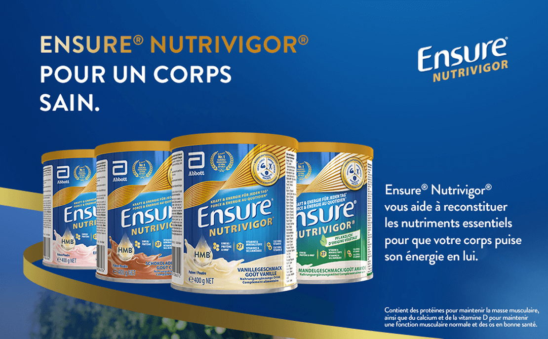 Une gamme de produits Ensure Nutrivgor, comprenant des canettes de chocolat, de fraise, de vanille et d'amande (à base de plantes) et des boissons prêtes à boire à la vanille et au chocolat. Une nutrition réparatrice pour un corps sain.