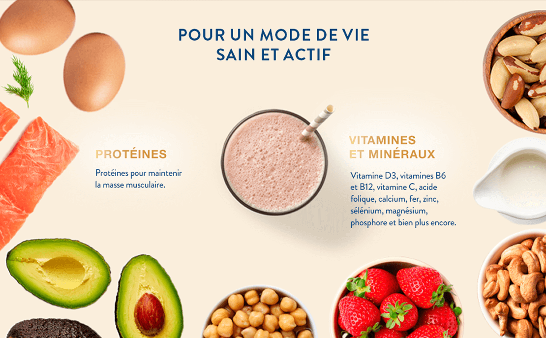 Une surface affichant un certain nombre d'aliments sains, accompagnés d'un texte mettant en évidence les protéines et les multiples vitamines et minéraux contenus dans la boisson