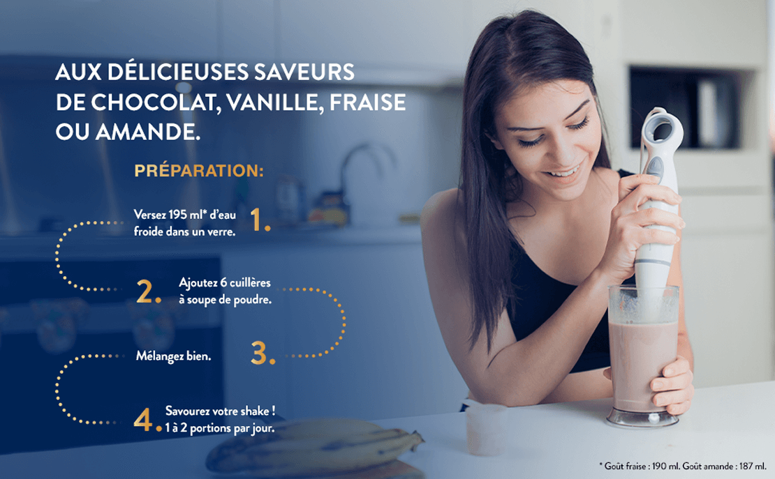 Une dame tient un mixeur plongeant dans un verre tandis qu'un texte explique que vous devez combiner 6 mesures avec de l'eau et mélanger pour créer la boisson