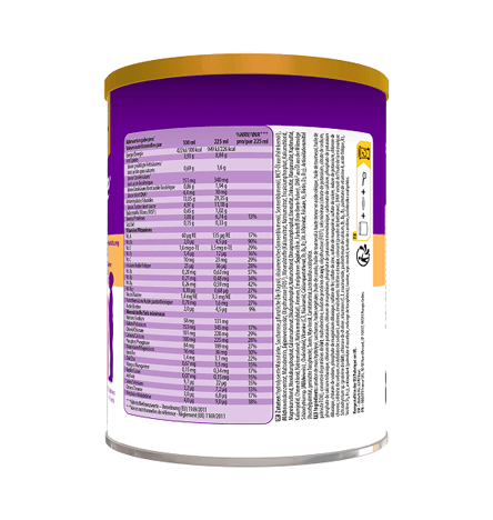 Image du dos du contenant de 850 g de produit à base de fraise listant les informations nutritionnelles et les ingrédients d'une canette PediaSure, détaillant l'énergie, les lipides, les glucides, les fibres, les protéines, les vitamines, les minéraux et autres nutriments pour 100 ml et pour 225 ml