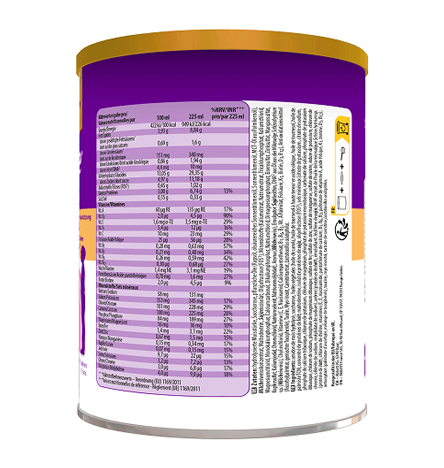 Image du dos du contenant de 850 g de produit à la vanille listant les informations nutritionnelles et les ingrédients d'une canette PediaSure, détaillant l'énergie, les lipides, les glucides, les fibres, les protéines, les vitamines, les minéraux et autres nutriments pour 100 ml et pour 225 ml