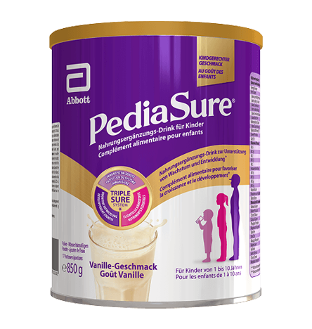 Produit dans un emballage pour boisson nutritionnelle Pediasure de 850 g pour enfants à la vanille, soulignant qu'il est destiné aux enfants de 1 à 10 ans et présentant le système triplesure qui met en évidence les éléments nutritionnels essentiels, la croissance, le développement et le soutien immunitaire, avec un flash indiquant qu'il s'agit d'un goût approuvé par les enfants