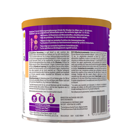 Image du dos du contenant de 850 g de produit à la vanille avec code-barres et instructions pour préparer 1 portion par jour pour les enfants de 1 à 3 ans et 2 portions par jour pour les enfants de 4 à 10 ans