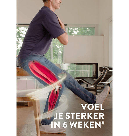 Er wordt een been getoond dat de kernmusculatuur benadrukt om kracht en spiergezondheid te tonen met de tekst Voel je sterker in 6 weken