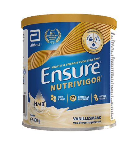 Vooraanzicht van Ensure 400g vanille met sterkte, vitaliteit en activiteit gemarkeerd samen met de belangrijkste ingrediënten Eiwit, HMB en vitamines