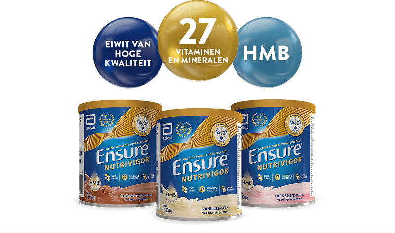 verzameling van smaken in shakes en flessen met 3 bubbels erboven die de belangrijkste ingrediënten van hoogwaardige eiwitten, HMB en 27 vitamines en mineralen benadrukken