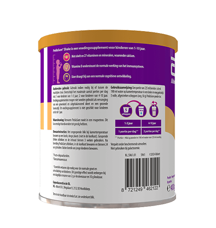 Zijfoto van Pediasure 400g Aardbei met gedetailleerde ingrediëntenlijst, bewaarvoorschriften en aanbevolen gebruik