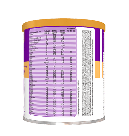 Afbeelding van de achterkant van een vanilleproduct van een verpakking van 400 g Voedingsinformatie en ingrediënten van een PediaSure-blik, met details over energie, vet, koolhydraten, vezels, eiwitten, vitamines, mineralen en andere voedingsstoffen per 100 ml en per 225 ml